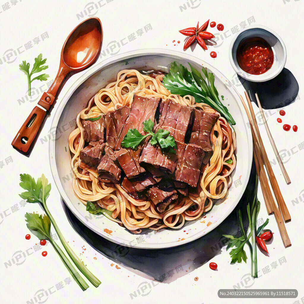 牛肉宽面 手绘水彩 俯视图
