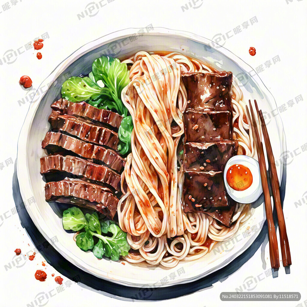 牛肉板面 宽面条 手绘水彩