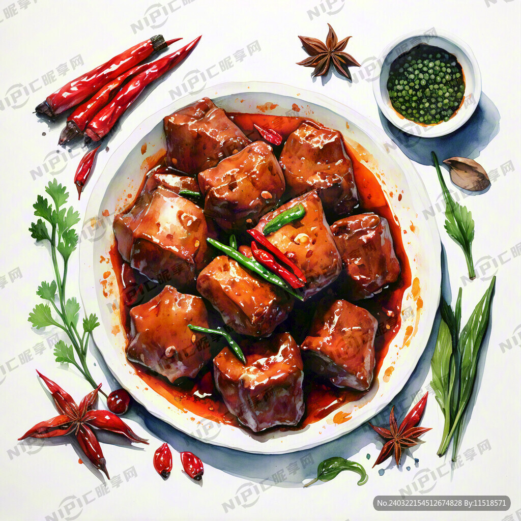 麻辣牛爆 手绘水彩 俯视图