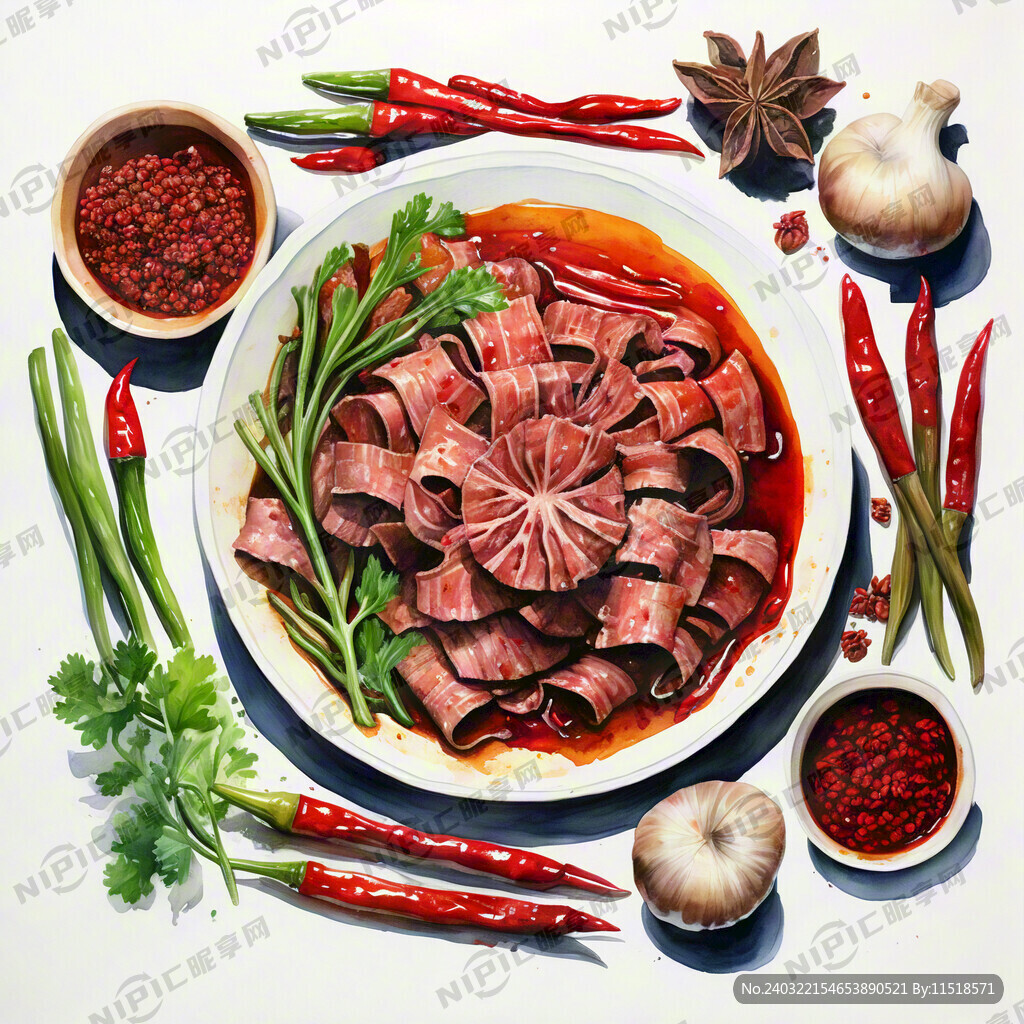 麻辣牛百叶 手绘水彩 俯视图