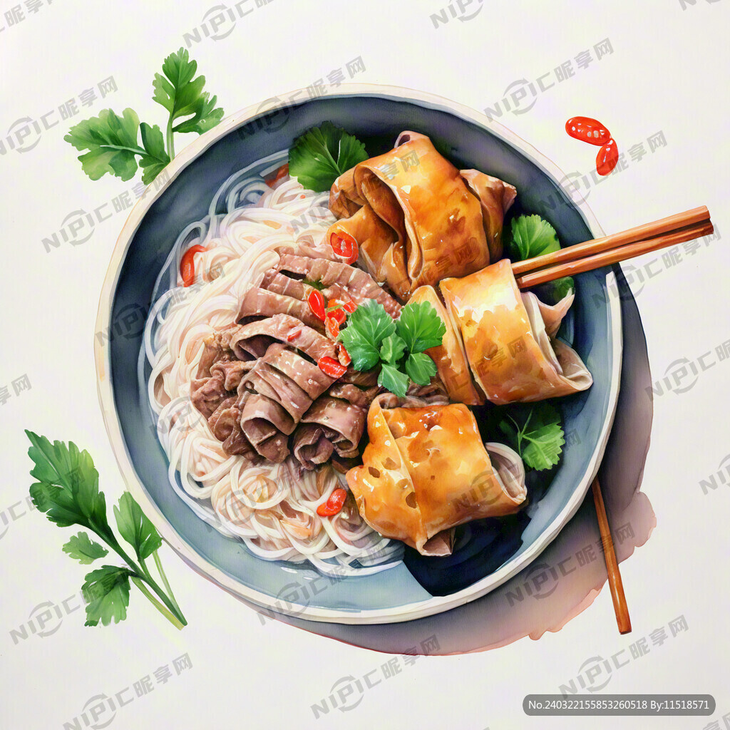 肥牛卷米粉 手绘水彩 俯视图
