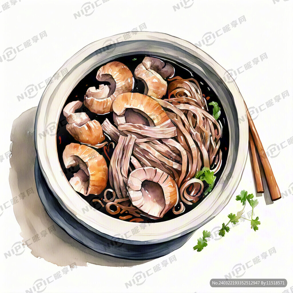 爆肚粉丝 手绘水彩 俯视图