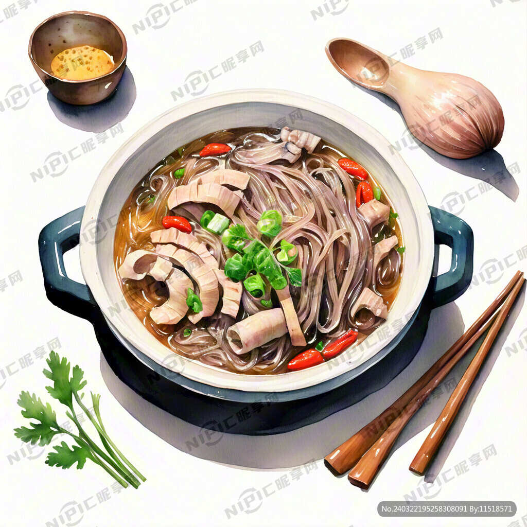 粉丝爆肚 手绘水彩 俯视图