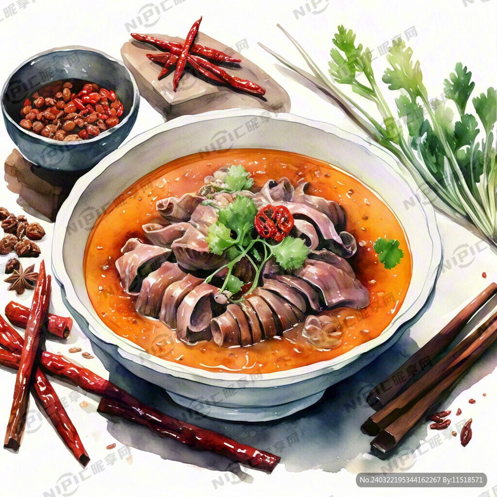 麻辣爆肚 手绘水彩 俯视图