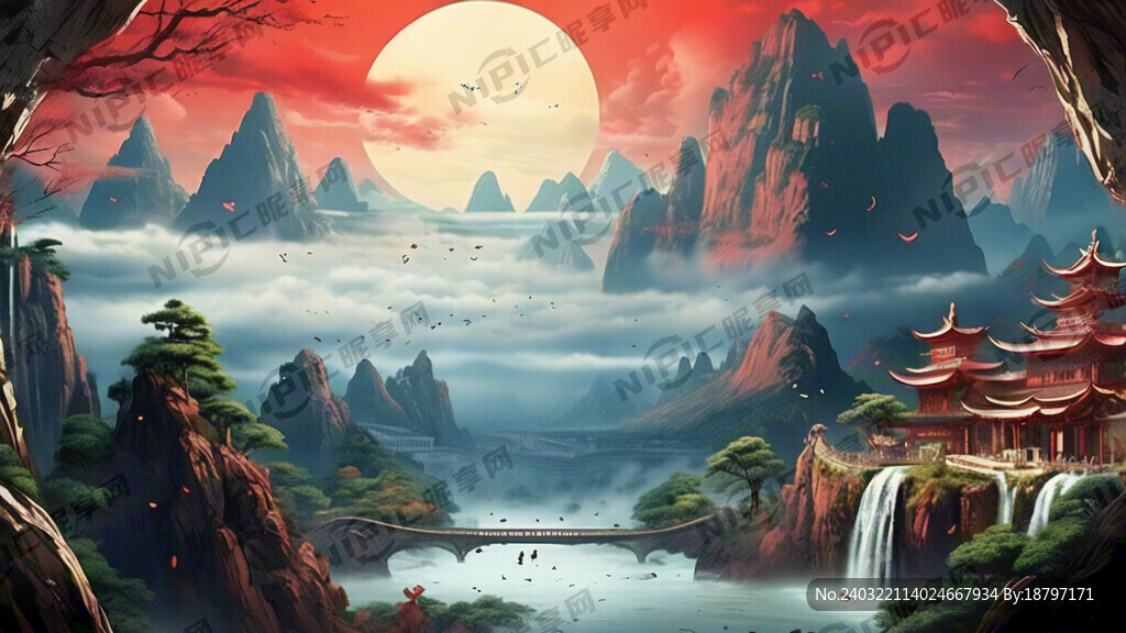 设计一个标签 画面有山有水