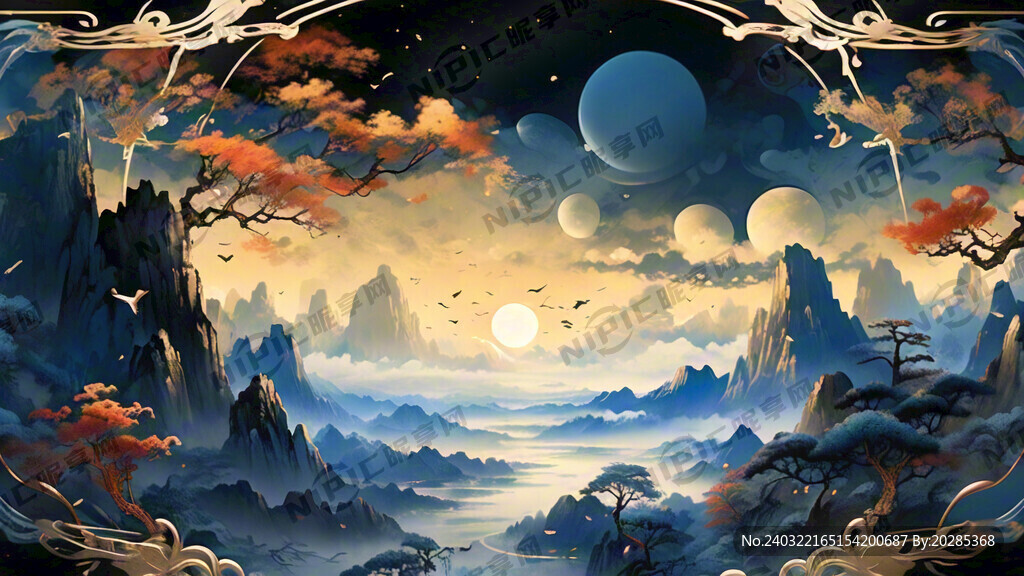 蓝金配色 古风 华丽 概念插画