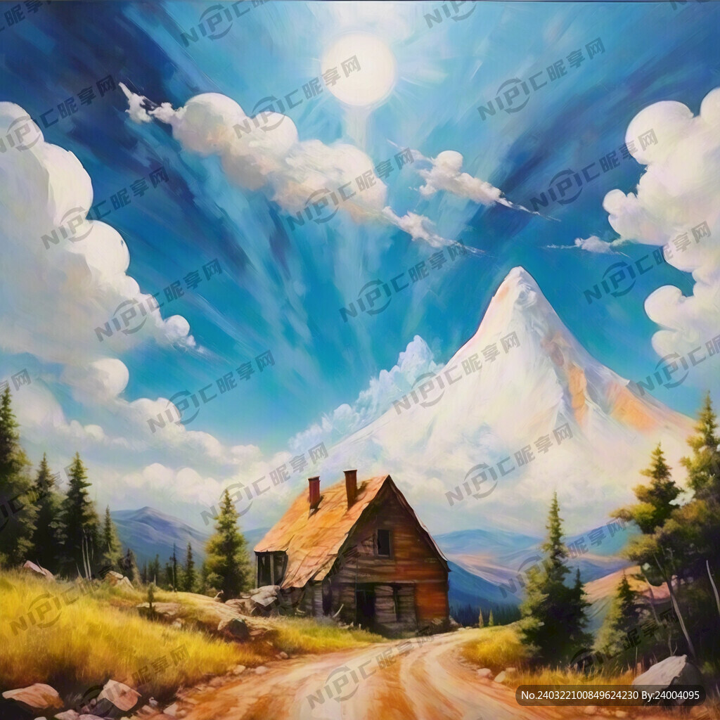 油画棒 蓝天白云 山