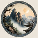 祁连山做虚化背景， 中国复古建筑为边框，