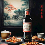 桌子，烤串，中国啤酒，虚实交替，亮色高光，食欲