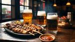 桌子，烤串，青岛啤酒，虚实交替，亮色高光，食欲