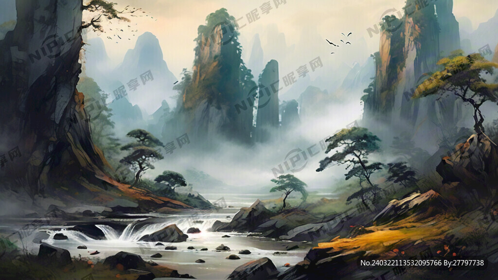 山谷 中国风 中国画 山水