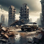 城市废墟，破旧汽车，赛博朋克，灰色天空，质感，徒步
