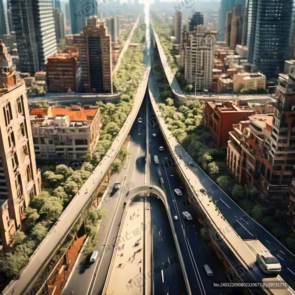 城市两边高楼大厦 中间是公路