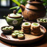 青梅茶，茶里面有糯米，桌子旁边有青梅冻，桌子上还有饼干