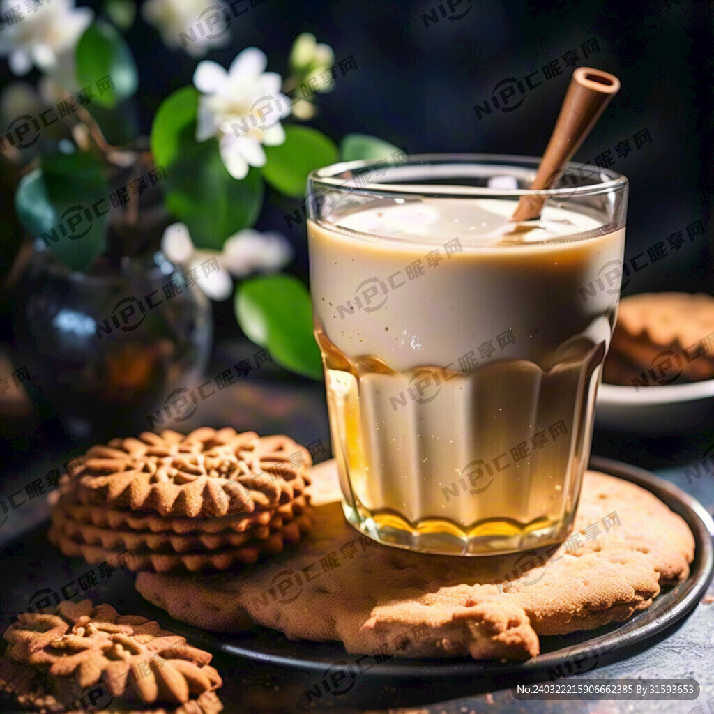 牛乳茶 栀子花 桌子上还有饼干