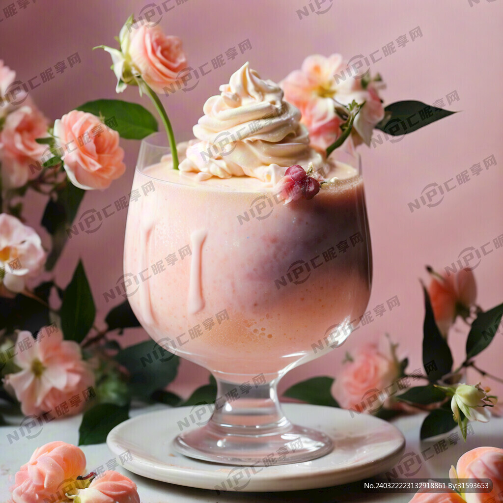 粉色的果汁 上面是白色奶油