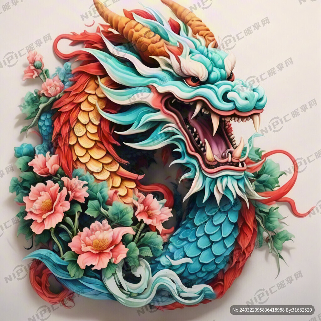 中国龙 正面 彩色国潮风插画