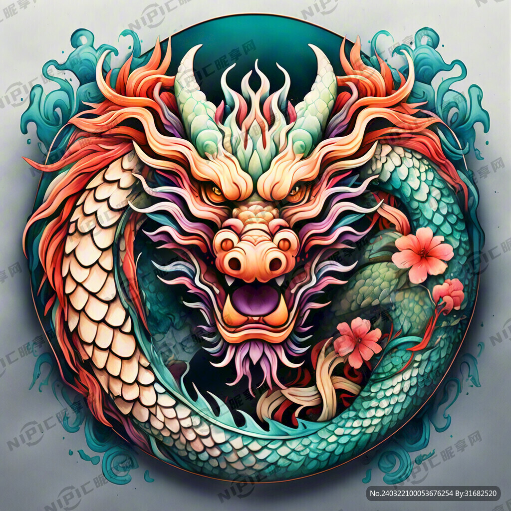 中国龙 正面 彩色国潮风插画