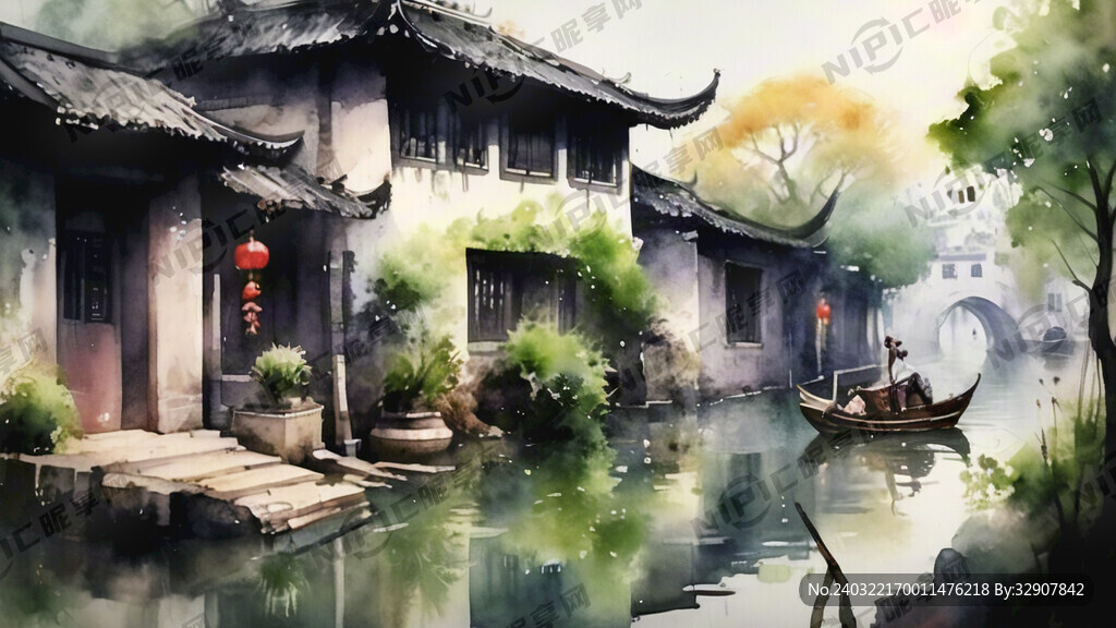 烟雨江南 水彩风格 若隐若现