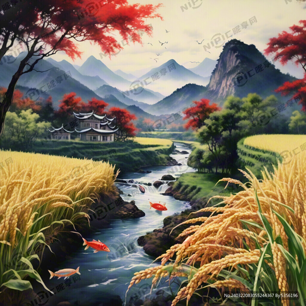中间五常大米字 稻田 河流 山