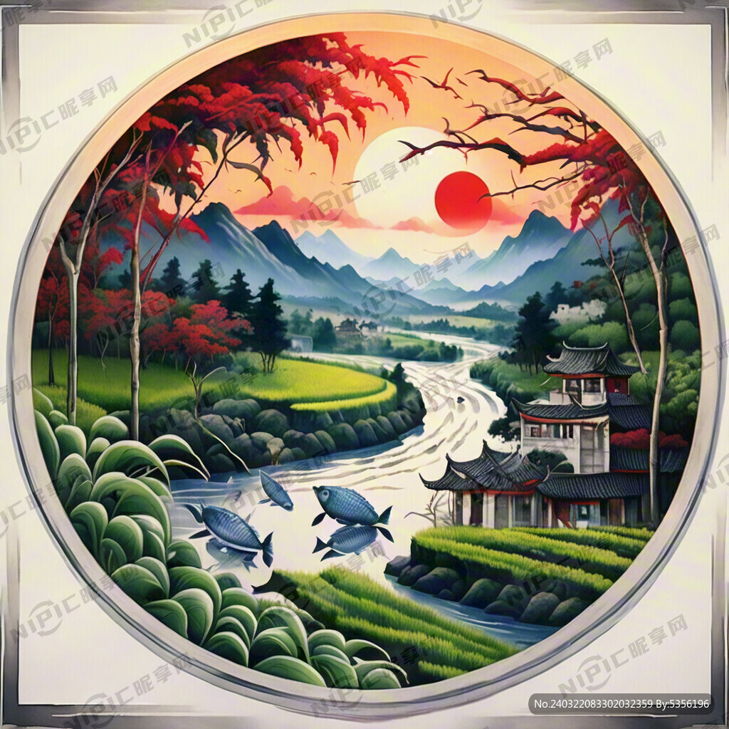 中间五常大米字 稻田 河流 山
