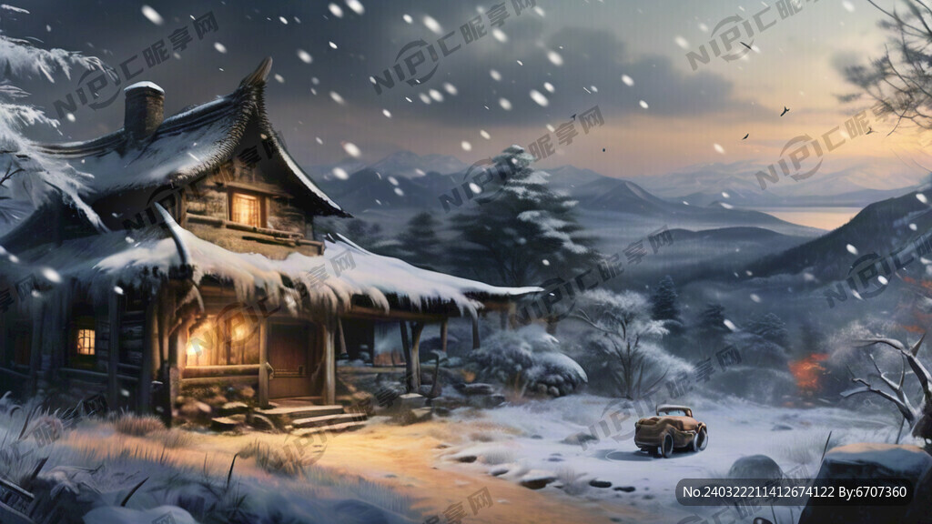 东汉末年有茅屋的山野冬季景色