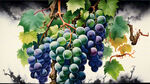 一串绿色的葡萄，晶莹剔透的绿色晴王葡萄，一条中国龙环绕的葡萄，3D效果，色彩鲜明