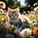 在五颜六色不种品种的花园里，两小可爱的猫在花丛中扑蝴蝶