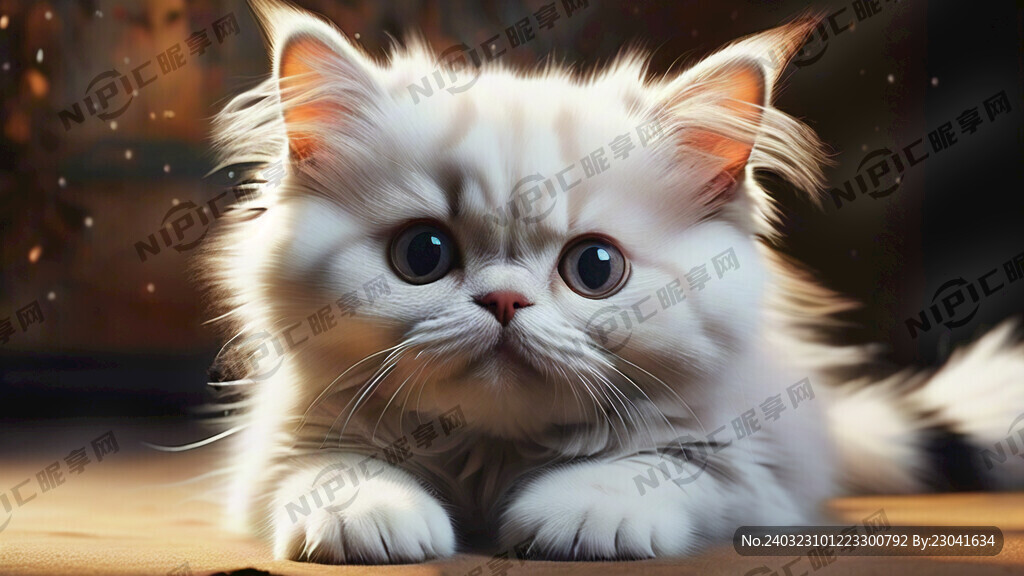 大眼睛的白色波斯猫 趴在地上