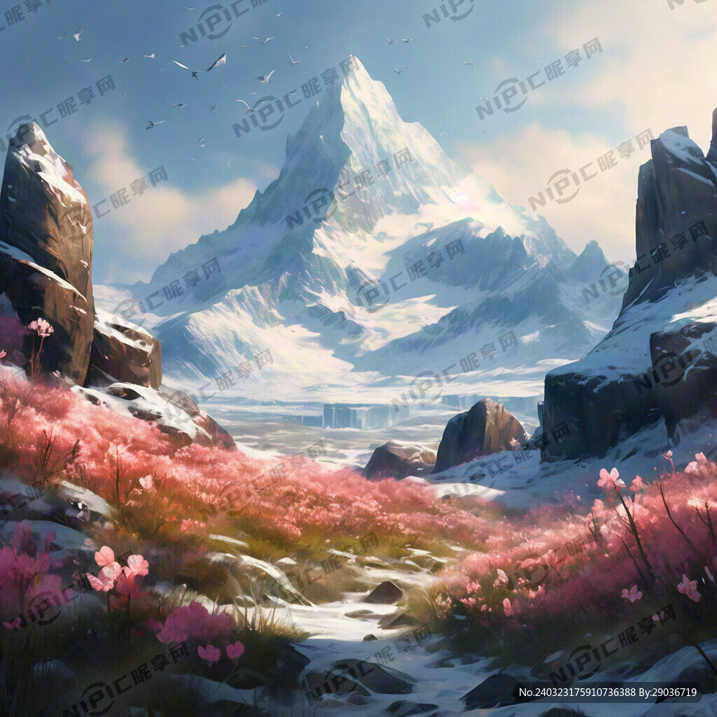 北境 春晓 冰封雪山 花开
