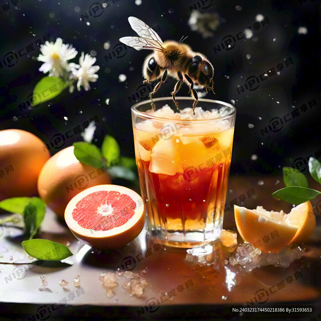 蜂蜜柚子茶 有蜜蜂在杯子旁边飞