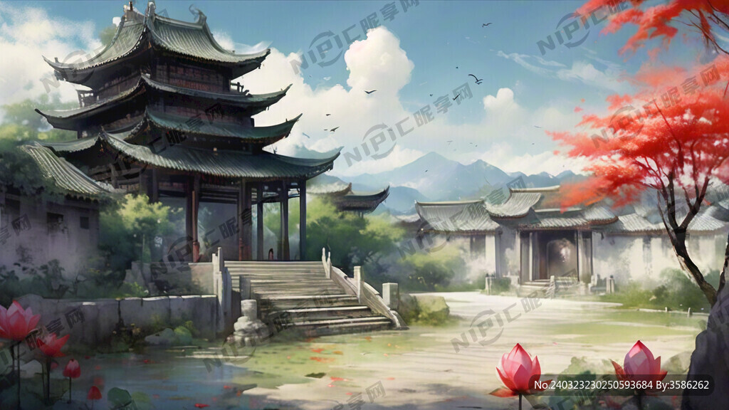 戏曲舞台布景 古风 庭院 荷花