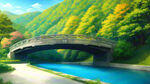 双湖公园 双湖大桥上的春天美景 漫画风格