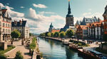 欧洲名城摄影画面融合写意人文风景，底色饱和度高，色彩对比强力