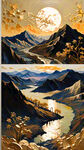 现代简约 手绘 肌理感 金色山水 金山远山 落地画   油画 高清图
