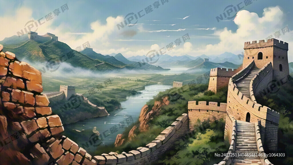横向万里长城山水图