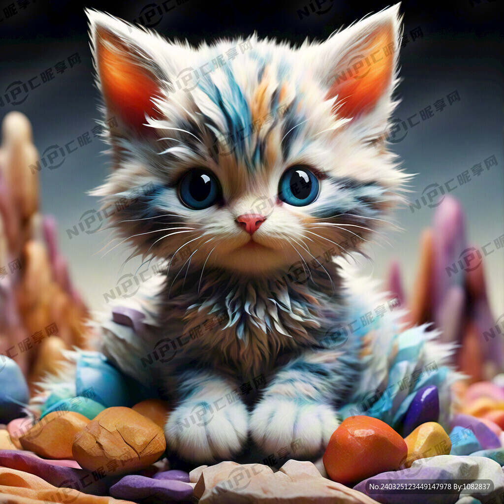 丝绸线条背景卡通小猫 彩色石头