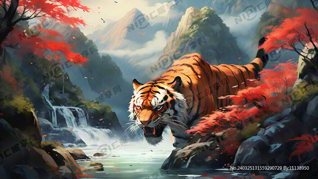 猛虎下山中式风景 细节刻画