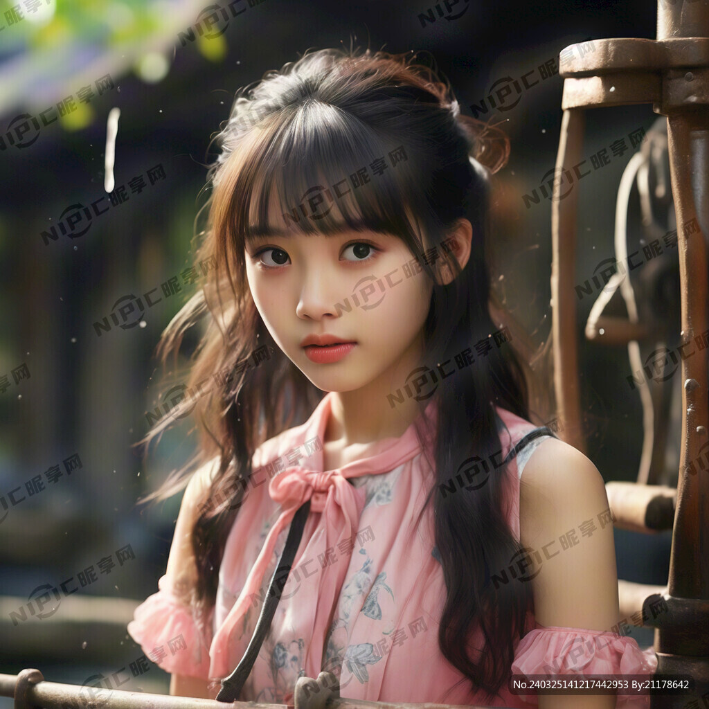 井台  打水 粉色裙 女孩