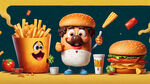 海报，背景底色黄色为主，卡通画风，图片带有炸鸡，汉堡，薯条