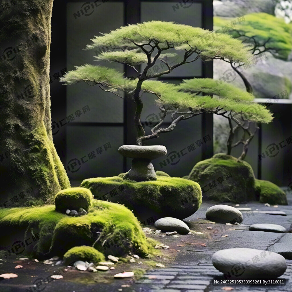日式小景 两棵乔木 苔藓