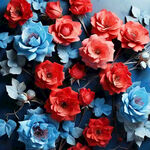 制作一个背景画面，底板是无数红色的玫瑰花朵，画面中上部分由一个心形的蓝色蓝花楹组成