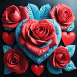 红色玫瑰花朵底板，中间有个心形的蓝色玫瑰花造型