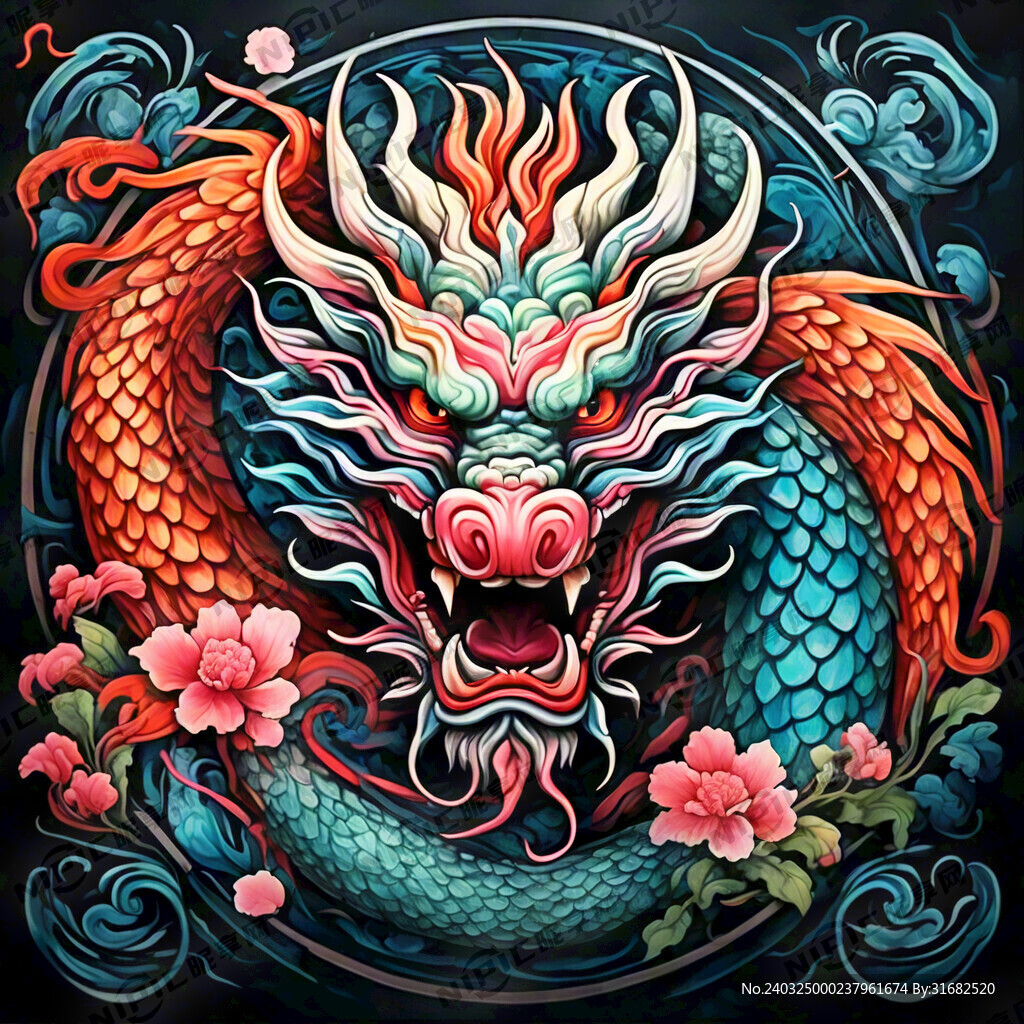 中国龙 正面 彩色国潮风插画