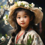一个小女孩 戴着小花帽 身穿艾德莱斯 摘杏花