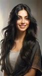 中东美女正面，长长的黑色头发，微笑，美丽，头发茂密柔顺自然，穿着简单，纯白色背景图