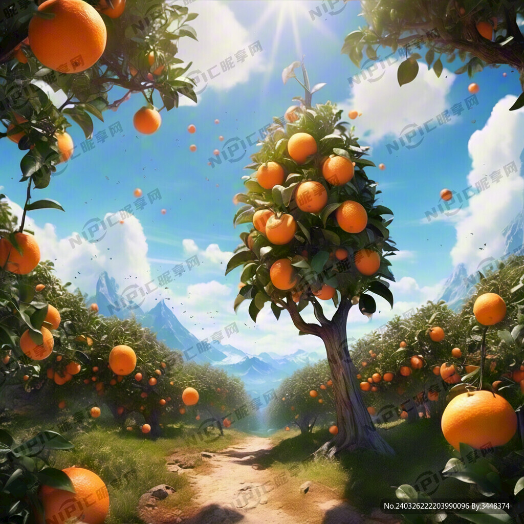 挂满橙子的果树 蓝天白云