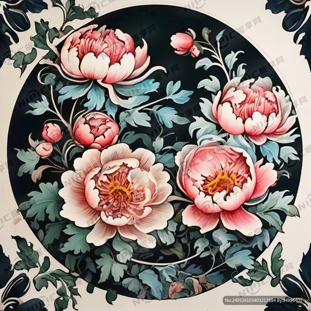 缠枝牡丹纹 平面 手绘