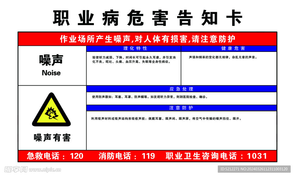 噪声职业危害告知卡