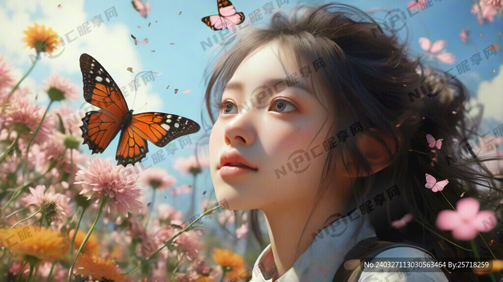 1个女孩 仰望 花海 蝴蝶
